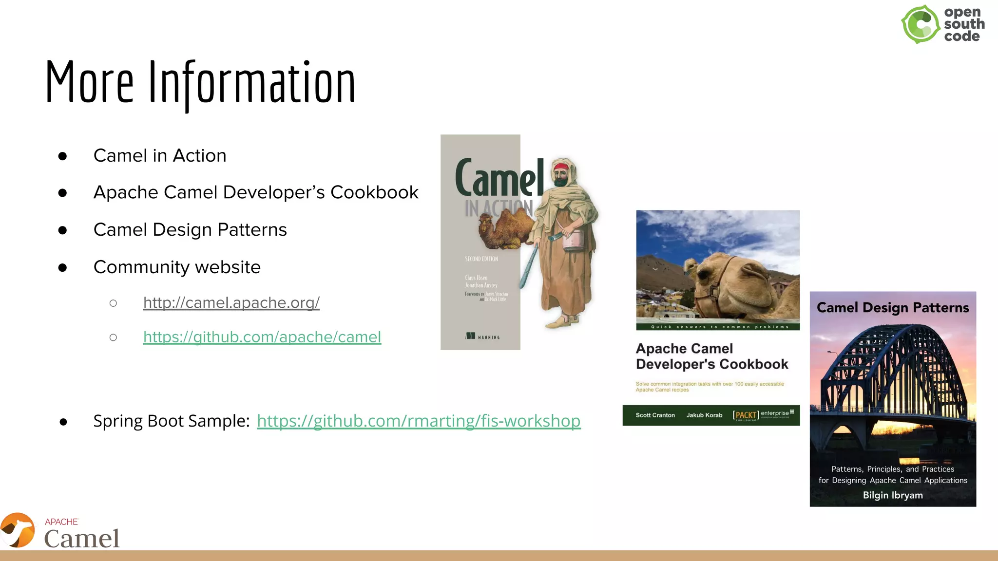 More Information
● Camel in Action
● Apache Camel Developer’s Cookbook
● Camel Design Patterns
● Community website
○ http://camel.apache.org/
○ https://github.com/apache/camel
● Spring Boot Sample: https://github.com/rmarting/fis-workshop
 