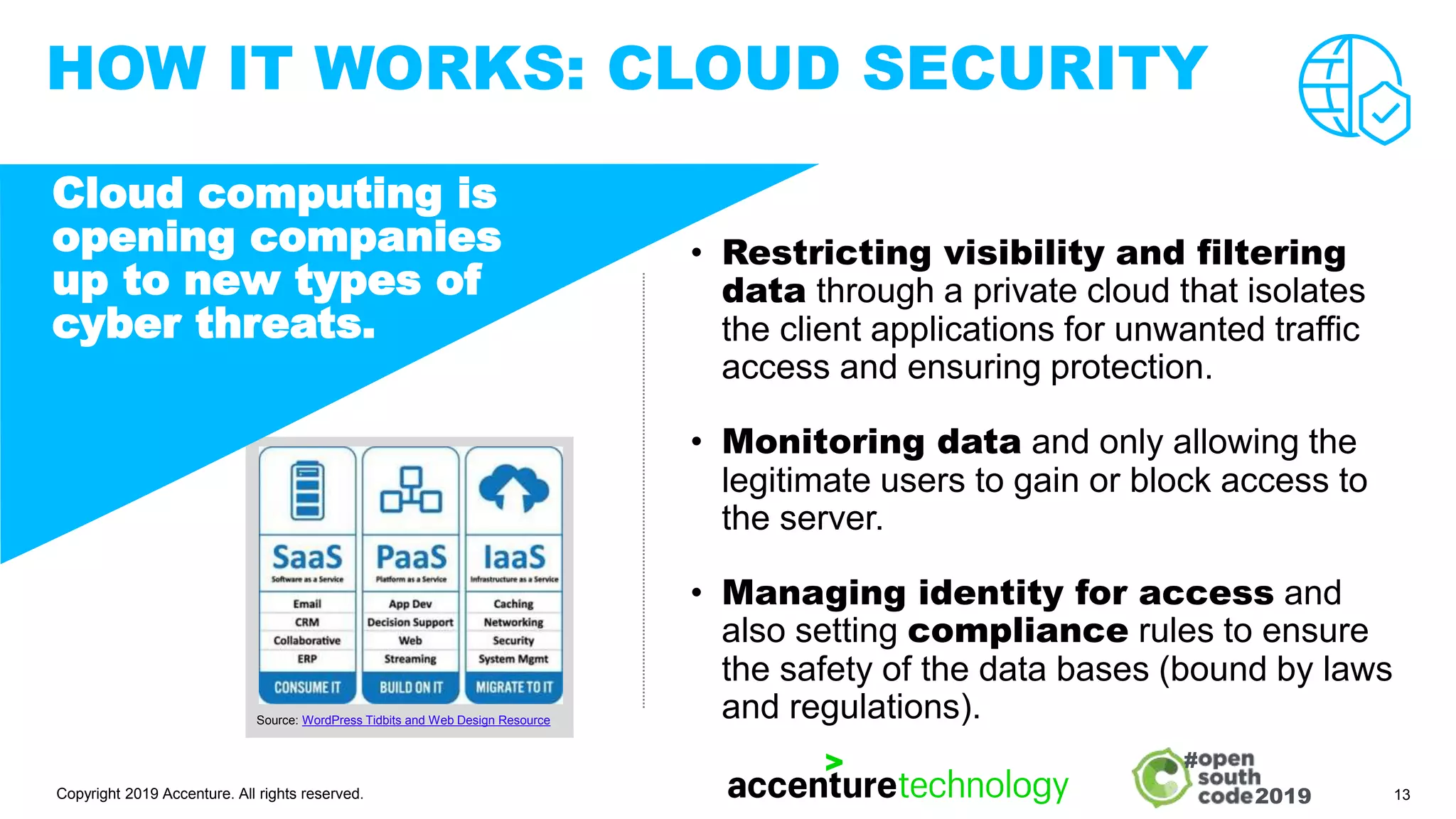 2019
#
IMAGE, ILLUSTRATION,
TEXT, GRAPH ETC.
HOW IT WORKS: CLOUD SECURITY
• Restricting visibility and filtering
data through a private cloud that isolates
the client applications for unwanted traffic
access and ensuring protection.
• Monitoring data and only allowing the
legitimate users to gain or block access to
the server.
• Managing identity for access and
also setting compliance rules to ensure
the safety of the data bases (bound by laws
and regulations).
Copyright 2019 Accenture. All rights reserved. 13
Cloud computing is
opening companies
up to new types of
cyber threats.
Source: WordPress Tidbits and Web Design Resource
 