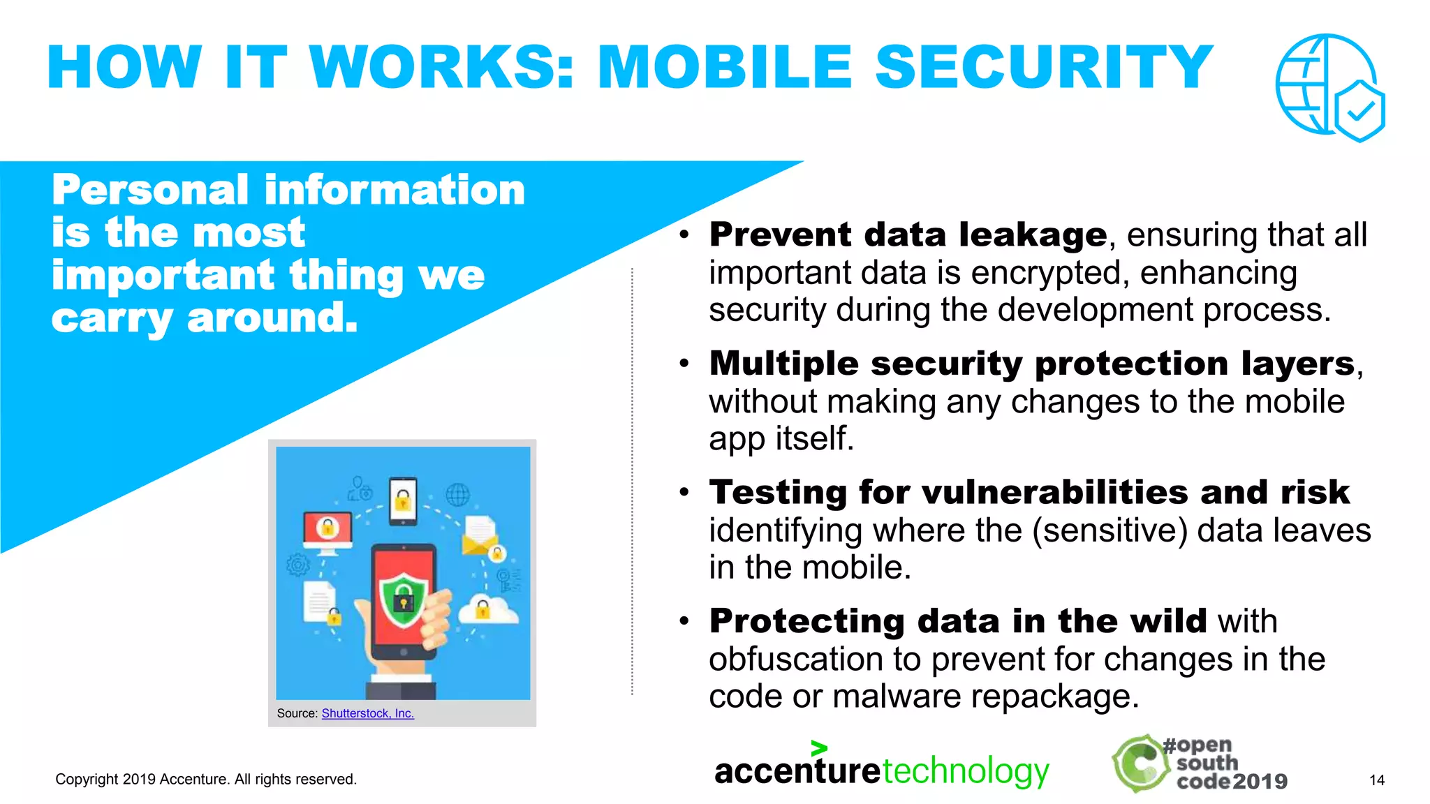 2019
#
IMAGE,
ILLUSTRATION,
TEXT, GRAPH ETC.
HOW IT WORKS: MOBILE SECURITY
• Prevent data leakage, ensuring that all
important data is encrypted, enhancing
security during the development process.
• Multiple security protection layers,
without making any changes to the mobile
app itself.
• Testing for vulnerabilities and risk
identifying where the (sensitive) data leaves
in the mobile.
• Protecting data in the wild with
obfuscation to prevent for changes in the
code or malware repackage.
Copyright 2019 Accenture. All rights reserved. 14
Personal information
is the most
important thing we
carry around.
Source: Shutterstock, Inc.
 