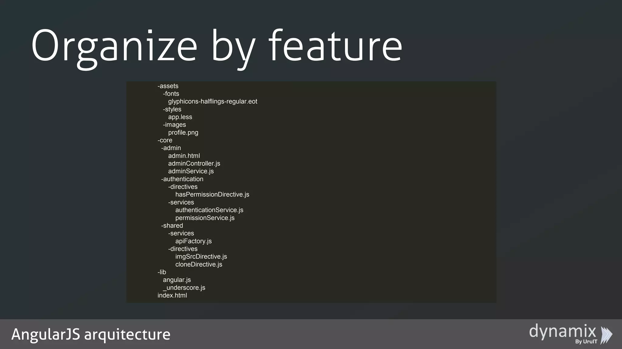 AngularJS arquitecture
Organize by feature
-assets
-fonts
glyphicons-halflings-regular.eot
-styles
app.less
-images
profile.png
-core
-admin
admin.html
adminController.js
adminService.js
-authentication
-directives
hasPermissionDirective.js
-services
authenticationService.js
permissionService.js
-shared
-services
apiFactory.js
-directives
imgSrcDirective.js
cloneDirective.js
-lib
angular.js
_underscore.js
index.html
 