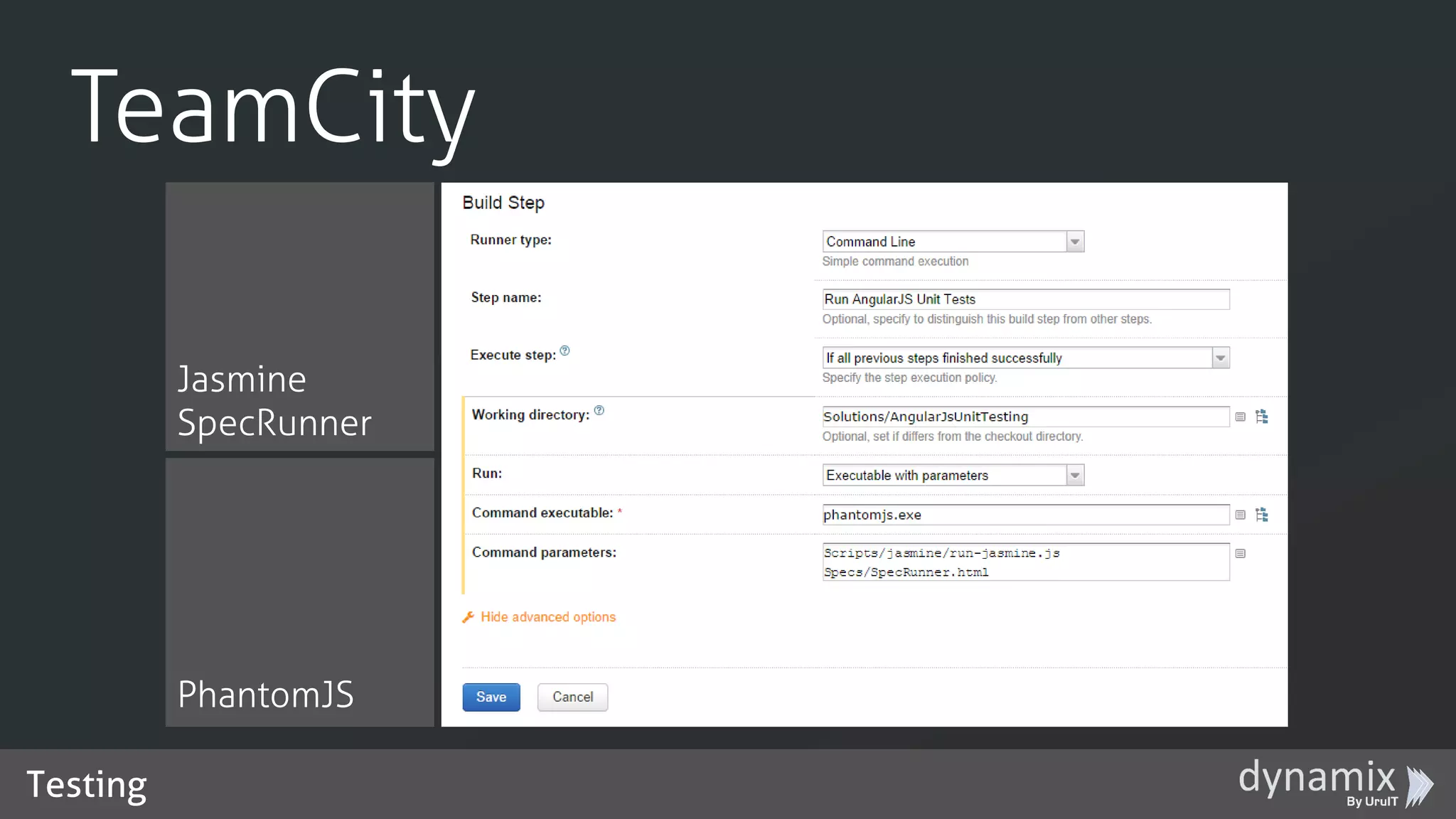 Testing
TeamCity
Jasmine
SpecRunner
PhantomJS
 
