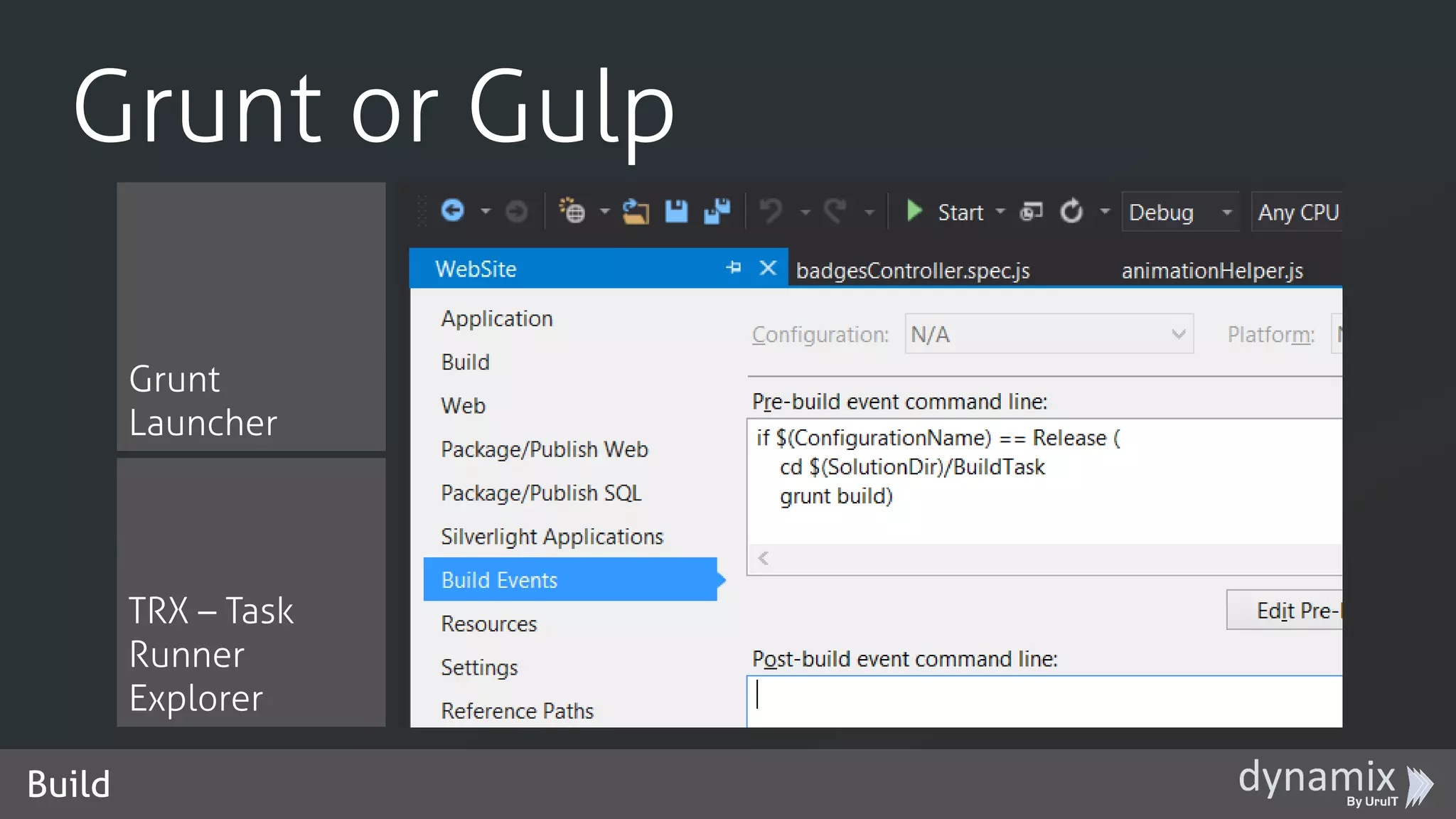 Build
Grunt or Gulp
Grunt
Launcher
TRX – Task
Runner
Explorer
 
