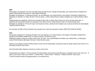 2009
Remontagem do espetáculo “Por Que Você Não Disse Que Me Amava?” direção de Paulo Betti, com Cristina Pereira e Rafael Ponzi,
realizou temporada de dois meses no Teatro Nelson Rodrigues.
Montagem do espetáculo “A Tartaruga de Darwin” de Juan Mayorga, com Cristina Pereira, Vera Fajardo, Paulo Betti e Rafael Ponzi.
Estreando em setembro no Teatro do Sesi no Rio de Janeiro. A atriz Cristina Pereira recebeu indicação para o prêmio Shell de melhor
atriz.
Reapresentação do espetáculo “Sonho de Uma Noite de São João” na Praça Santos Dumont em junho durante quatro dias. O
espetáculo foi apresentado também em Quissamã, Piraí, Barra do Piraí, Paraty (durante a Flip) e na Quinta da Boa Vista.
Montagem do espetáculo “A Prova de Fogo” de Consuelo de Castro, direção de Vera Fajardo com os alunos da oficina de Interpretação
Teatral da Casa da Gávea.

Em novembro de 2009 a Casa da Gávea firmou parceria com o Sesc Rio passando a assinar SESC RIO CASA DA GÁVEA.

2010
Temporada o espetáculo “A Tartaruga de Darwin” de Juan Mayorga, com Cristina Pereira, Vera Fajardo, Paulo Betti e Rafael Ponzi,
Direção de Paulo Betti e Rafael Ponzi no Teatro dos Quatro, de janeiro à março.
Realização durante 5 meses do projeto musical “Som na Casa”, com a apresentação de artistas como: Marya Bravo, Lia Sabugosa,
Lettuce, Pedro Miranda, Mombaça, Domenico, Pedro Sá entre outros.

Desde a sua fundação a Casa da Gávea oferece cursos livres de Interpretação Teatral para todas as idades, Roteiro para Cinema e TV,
Expressão Corporal, entre outros.

São oferecidas bolsas integrais e parciais em nossos cursos livres.

Há dezessete anos realiza o “Ciclo de Leituras” de textos teatrais, onde já foram lidas 780 peças e montadas mais de 120, tais como: “E
Agora o que é que eu faço com o Pernil?”, “O Santo Parto”, “A Alma Imoral”, “Infraturas”, “Passaro da Noite”, entre outras.
O evento acontece sempre às Segundas-feiras, com entrada franca.
 