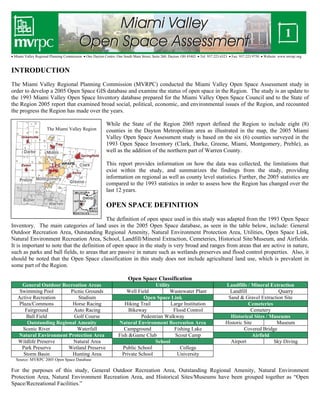 • Miami Valley Regional Planning Commission • One Dayton Centre, One South Main Street, Suite 260, Dayton, OH 45402 • Tel: 937.223.6323 • Fax: 937.223.9750 • Website: www.mvrpc.org

INTRODUCTION
The Miami Valley Regional Planning Commission (MVRPC) conducted the Miami Valley Open Space Assessment study in
order to develop a 2005 Open Space GIS database and examine the status of open space in the Region. The study is an update to
the 1993 Miami Valley Open Space Inventory database prepared for the Miami Valley Open Space Council and to the State of
the Region 2005 report that examined broad social, political, economic, and environmental issues of the Region, and recounted
the progress the Region has made over the years.
The Miami Valley Region

While the State of the Region 2005 report defined the Region to include eight (8)
counties in the Dayton Metropolitan area as illustrated in the map, the 2005 Miami
Valley Open Space Assessment study is based on the six (6) counties surveyed in the
1993 Open Space Inventory (Clark, Darke, Greene, Miami, Montgomery, Preble), as
well as the addition of the northern part of Warren County.
This report provides information on how the data was collected, the limitations that
exist within the study, and summarizes the findings from the study, providing
information on regional as well as county level statistics. Further, the 2005 statistics are
compared to the 1993 statistics in order to assess how the Region has changed over the
last 12 years.

OPEN SPACE DEFINITION
The definition of open space used in this study was adapted from the 1993 Open Space
Inventory. The main categories of land uses in the 2005 Open Space database, as seen in the table below, include: General
Outdoor Recreation Area, Outstanding Regional Amenity, Natural Environment Protection Area, Utilities, Open Space Link,
Natural Environment Recreation Area, School, Landfill/Mineral Extraction, Cemeteries, Historical Site/Museum, and Airfields.
It is important to note that the definition of open space in the study is very broad and ranges from areas that are active in nature,
such as parks and ball fields, to areas that are passive in nature such as wetlands preserves and flood control properties. Also, it
should be noted that the Open Space classification in this study does not include agricultural land use, which is prevalent in
some part of the Region.
Open Space Classification
General Outdoor Recreation Areas
Swimming Pool
Picnic Grounds
Active Recreation
Stadium
Plaza/Commons
Horse Racing
Fairground
Auto Racing
Ball Field
Golf Course
Outstanding Regional Amenity
Scenic River
Waterfall
Natural Environment Protection Area
Wildlife Preserve
Natural Area
Park Preserve
Wetland Preserve
Storm Basin
Hunting Area

Utility
Well Field
Wastewater Plant
Open Space Link
Hiking Trail
Large Institution
Bikeway
Flood Control
Pedestrian Walkway
Natural Environment Recreation Area
Campground
Fishing Lake
Fish &Game Club
Scout Camp
School
Public School
College
Private School
University

Landfills / Mineral Extraction
Landfill
Quarry
Sand & Gravel Extraction Site
Cemeteries
Cemetery
Historical Sites / Museums
Historic Site
Museum
Covered Bridge
Airfield
Airport
Sky Diving

Source: MVRPC 2005 Open Space Database

For the purposes of this study, General Outdoor Recreation Area, Outstanding Regional Amenity, Natural Environment
Protection Area, Natural Environment Recreation Area, and Historical Sites/Museums have been grouped together as “Open
Space/Recreational Facilities.”

 