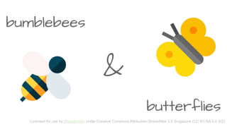 butterflies
&
bumblebees
Licensed for use by @zephinzer under Creative Commons Attribution-ShareAlike 3.0 Singapore (CC BY-SA 3.0 SG)
 