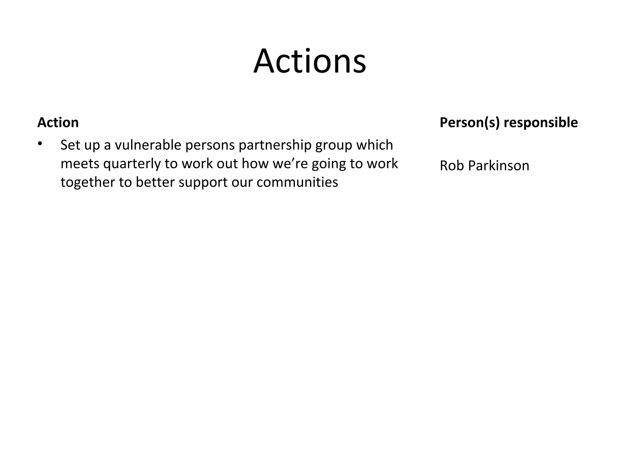 Actions Action Set up a vulnerable persons partnership group which meets quarterly to work out how we’re going to work together to better support our communities Person(s) responsible Rob Parkinson 