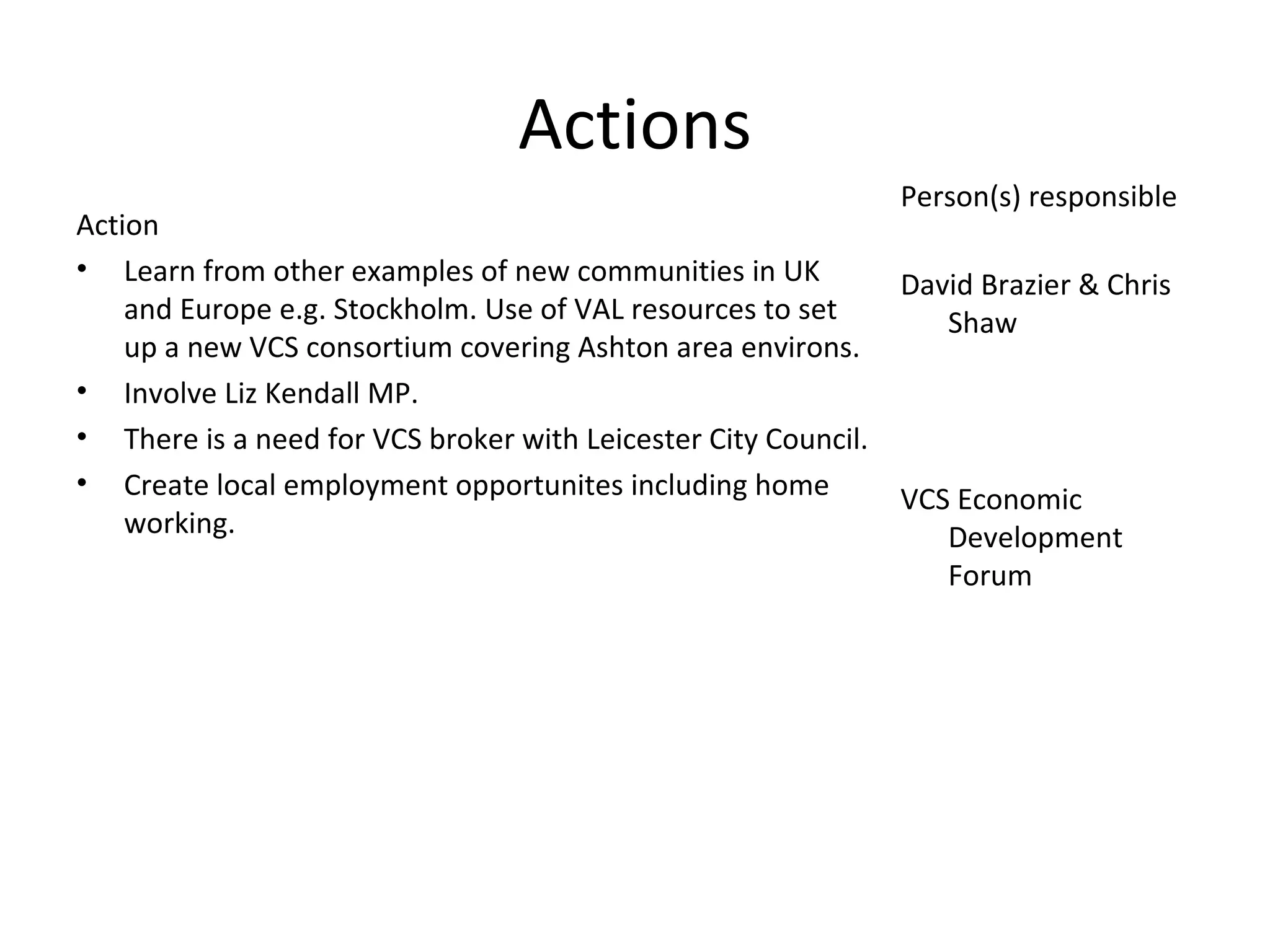 Actions Action Learn from other examples of new communities in UK and Europe e.g. Stockholm. Use of VAL resources to set up a new VCS consortium covering Ashton area environs.  Involve Liz Kendall MP. There is a need for VCS broker with Leicester City Council. Create local employment opportunites including home working. Person(s) responsible David Brazier & Chris Shaw VCS Economic Development Forum 