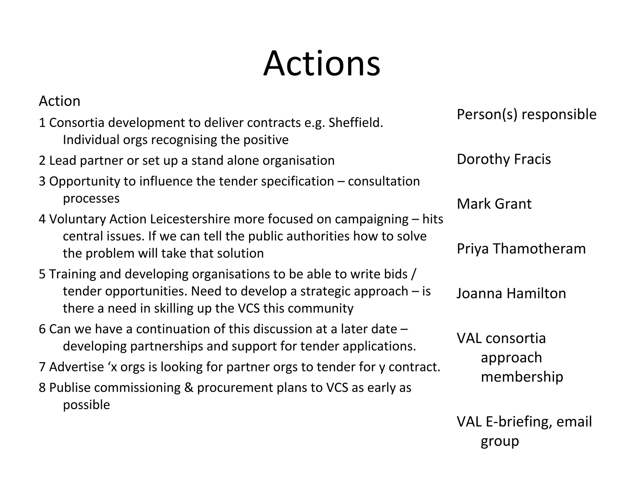 Actions Action 1 Consortia development to deliver contracts e.g. Sheffield. Individual orgs recognising the positive 2 Lead partner or set up a stand alone organisation 3 Opportunity to influence the tender specification – consultation processes 4 Voluntary Action Leicestershire more focused on campaigning – hits central issues. If we can tell the public authorities how to solve the problem will take that solution 5 Training and developing organisations to be able to write bids / tender opportunities. Need to develop a strategic approach – is there a need in skilling up the VCS this community 6 Can we have a continuation of this discussion at a later date – developing partnerships and support for tender applications. 7 Advertise ‘x orgs is looking for partner orgs to tender for y contract. 8 Publise commissioning & procurement plans to VCS as early as possible Person(s) responsible Dorothy Fracis Mark Grant Priya Thamotheram Joanna Hamilton VAL consortia approach membership VAL E-briefing, email group 