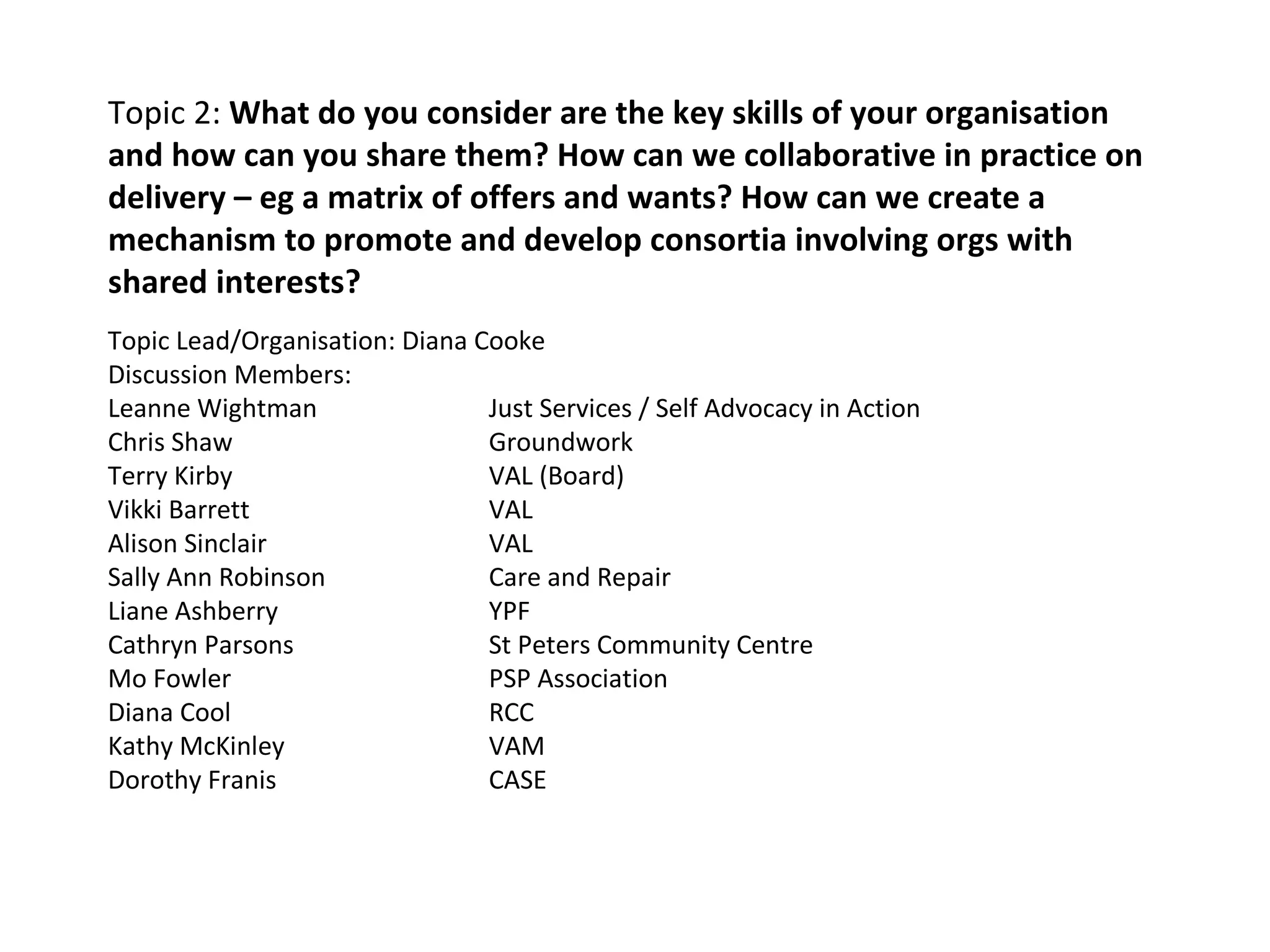 Topic 2:  What do you consider are the key skills of your organisation and how can you share them? How can we collaborative in practice on delivery – eg a matrix of offers and wants? How can we create a mechanism to promote and develop consortia involving orgs with shared interests? Topic Lead/Organisation: Diana Cooke Discussion Members:  Leanne Wightman Just Services / Self Advocacy in Action Chris Shaw Groundwork Terry Kirby VAL (Board) Vikki Barrett VAL Alison Sinclair VAL Sally Ann Robinson Care and Repair Liane Ashberry YPF Cathryn Parsons St Peters Community Centre Mo Fowler PSP Association Diana Cool RCC Kathy McKinley VAM Dorothy Franis CASE 