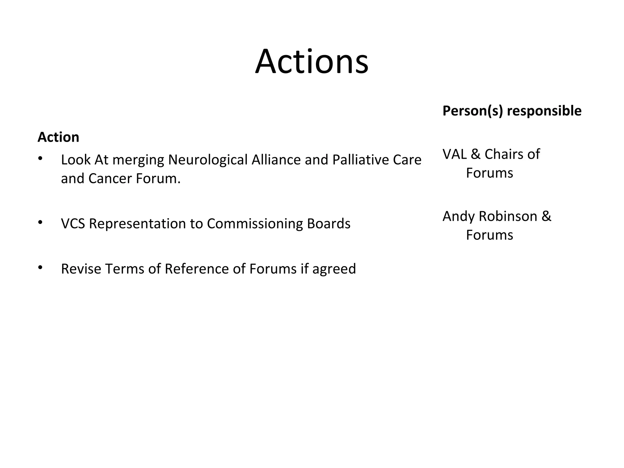 Actions Action Look At merging Neurological Alliance and Palliative Care and Cancer Forum. VCS Representation to Commissioning Boards Revise Terms of Reference of Forums if agreed Person(s) responsible VAL & Chairs of Forums Andy Robinson & Forums 
