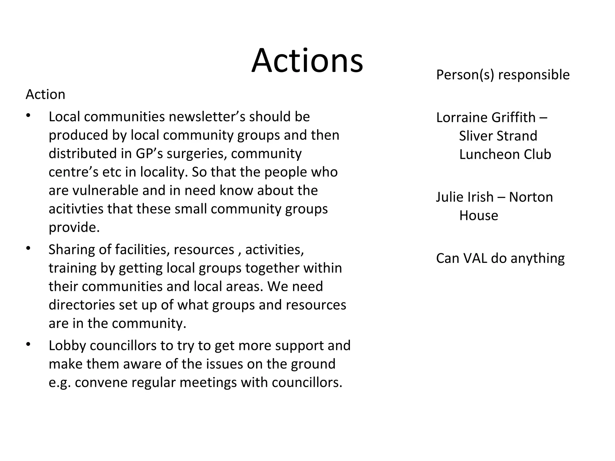 Actions Action  Local communities newsletter’s should be produced by local community groups and then distributed in GP’s surgeries, community centre’s etc in locality. So that the people who are vulnerable and in need know about the acitivties that these small community groups provide. Sharing of facilities, resources , activities, training by getting local groups together within their communities and local areas. We need directories set up of what groups and resources are in the community. Lobby councillors to try to get more support and make them aware of the issues on the ground e.g. convene regular meetings with councillors. Person(s) responsible Lorraine Griffith – Sliver Strand Luncheon Club Julie Irish – Norton House Can VAL do anything 