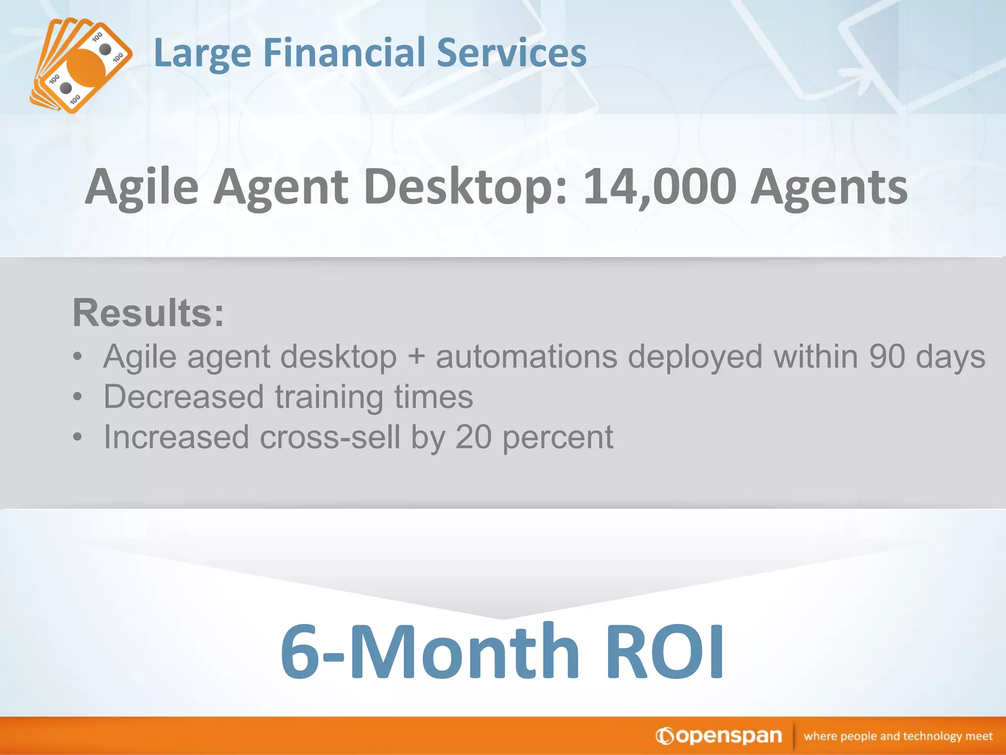 Large Financial Services

Agile Agent Desktop: 14,000 Agents
Results:
• Agile agent desktop + automations deployed within 90 days
• Decreased training times
• Increased cross-sell by 20 percent

6-Month ROI

 