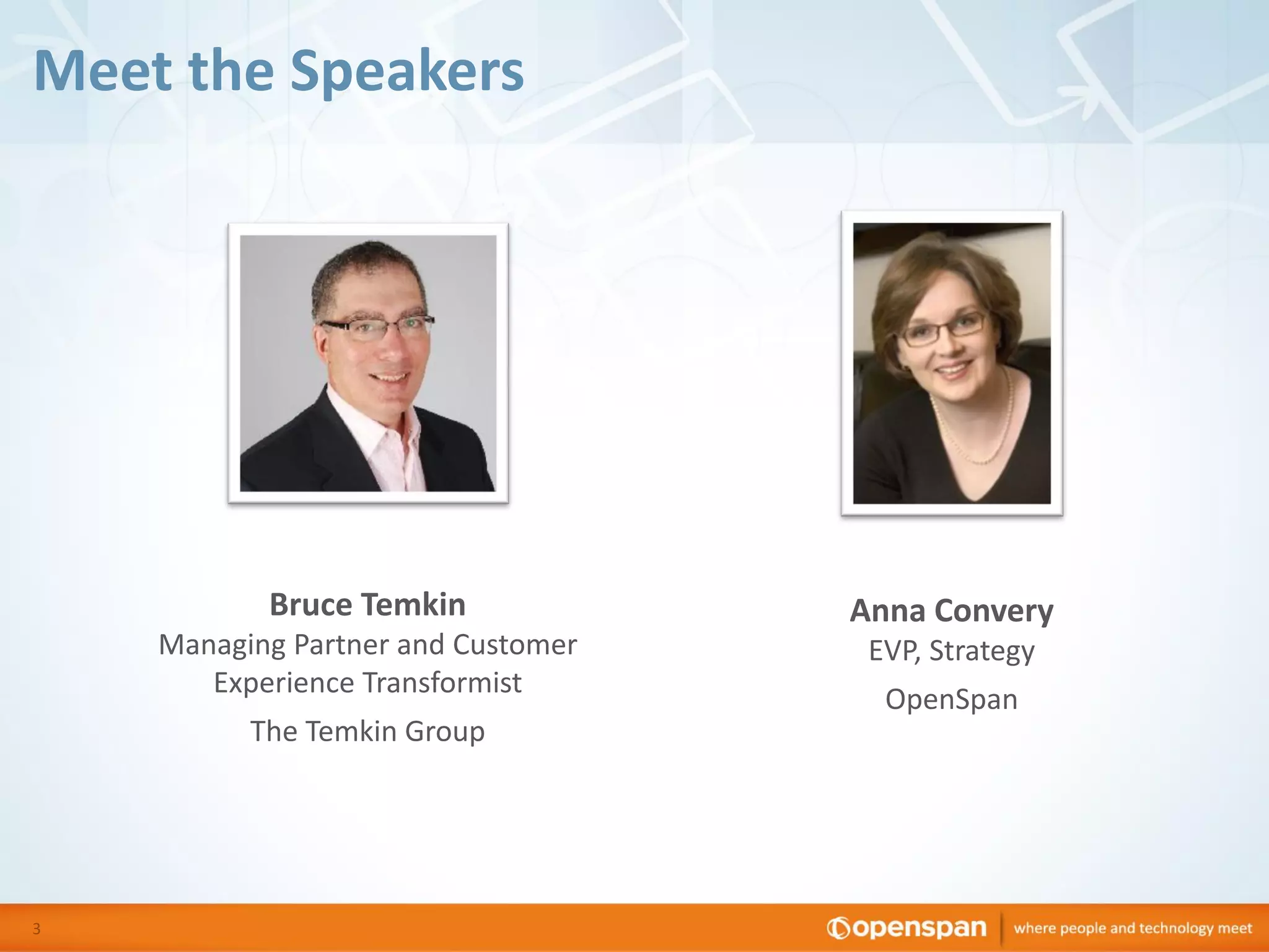 Meet the Speakers

Bruce Temkin

Anna Convery

Managing Partner and Customer
Experience Transformist

EVP, Strategy

The Temkin Group

3

OpenSpan

 