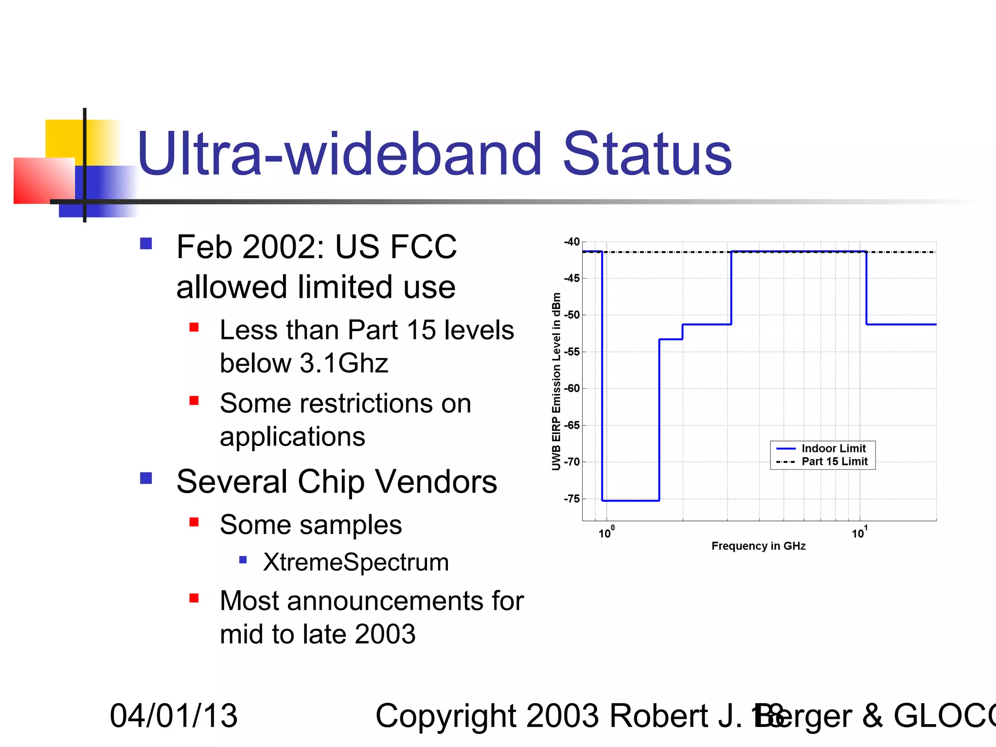 Ultra-wideband Status
    Feb 2002: US FCC
     allowed limited use
        Less than Part 15 levels
         below 3.1Ghz
        Some restrictions on
         applications
    Several Chip Vendors
        Some samples
             XtremeSpectrum
        Most announcements for
         mid to late 2003


04/01/13              Copyright 2003 Robert J. 18
                                               Berger & GLOCO
 
