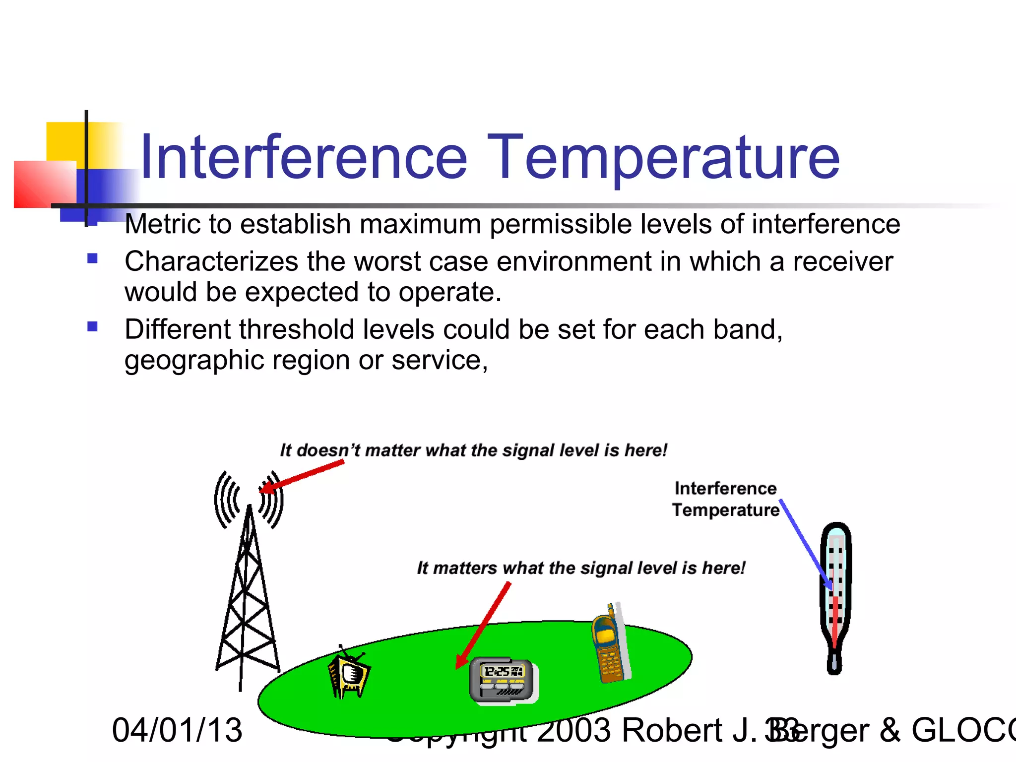 Interference Temperature
   Metric to establish maximum permissible levels of interference
   Characterizes the worst case environment in which a receiver
    would be expected to operate.
   Different threshold levels could be set for each band,
    geographic region or service,




    04/01/13            Copyright 2003 Robert J. 33
                                                 Berger & GLOCO
 