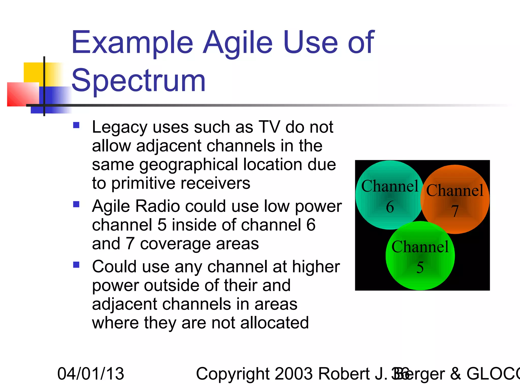Example Agile Use of
 Spectrum
    Legacy uses such as TV do not
     allow adjacent channels in the
     same geographical location due
     to primitive receivers            Channel Channel
    Agile Radio could use low power      6       7
     channel 5 inside of channel 6
     and 7 coverage areas                 Channel
    Could use any channel at higher         5
     power outside of their and
     adjacent channels in areas
     where they are not allocated

04/01/13         Copyright 2003 Robert J. 36
                                          Berger & GLOCO
 