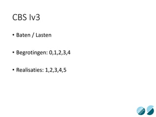 CBS Iv3
• Baten / Lasten
• Begrotingen: 0,1,2,3,4
• Realisaties: 1,2,3,4,5
 