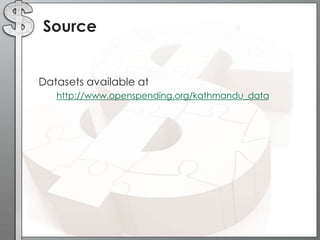 • Datasets available at
• http://www.openspending.org/kathmandu_data
Source
 
