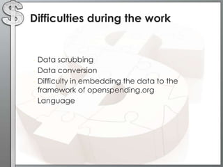 Difficulties during the work
• Data scrubbing
• Data conversion
• Difficulty in embedding the data to the
framework of openspending.org
• Language
 