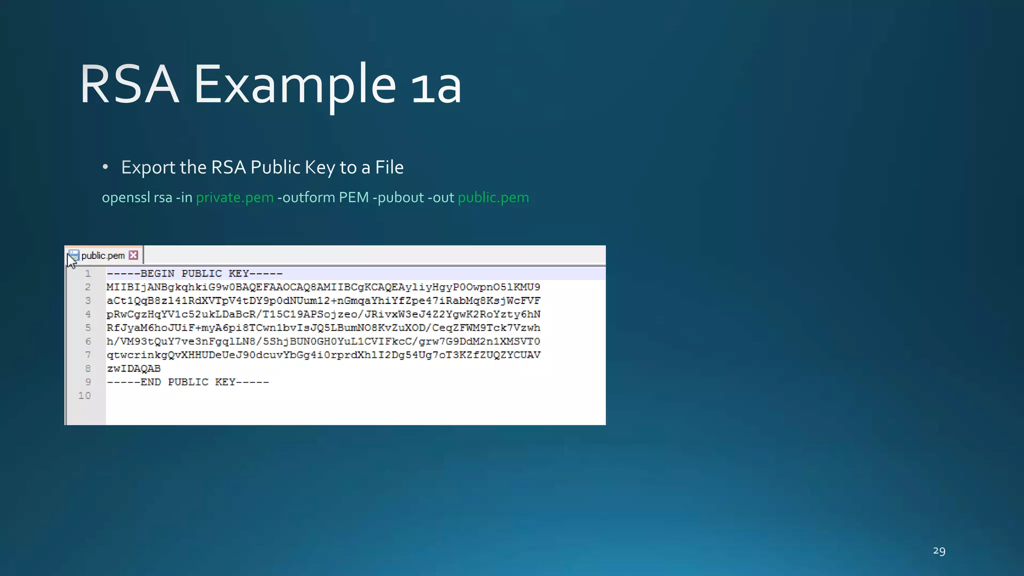 openssl rsa -in private.pem -outform PEM -pubout -out public.pem
 
