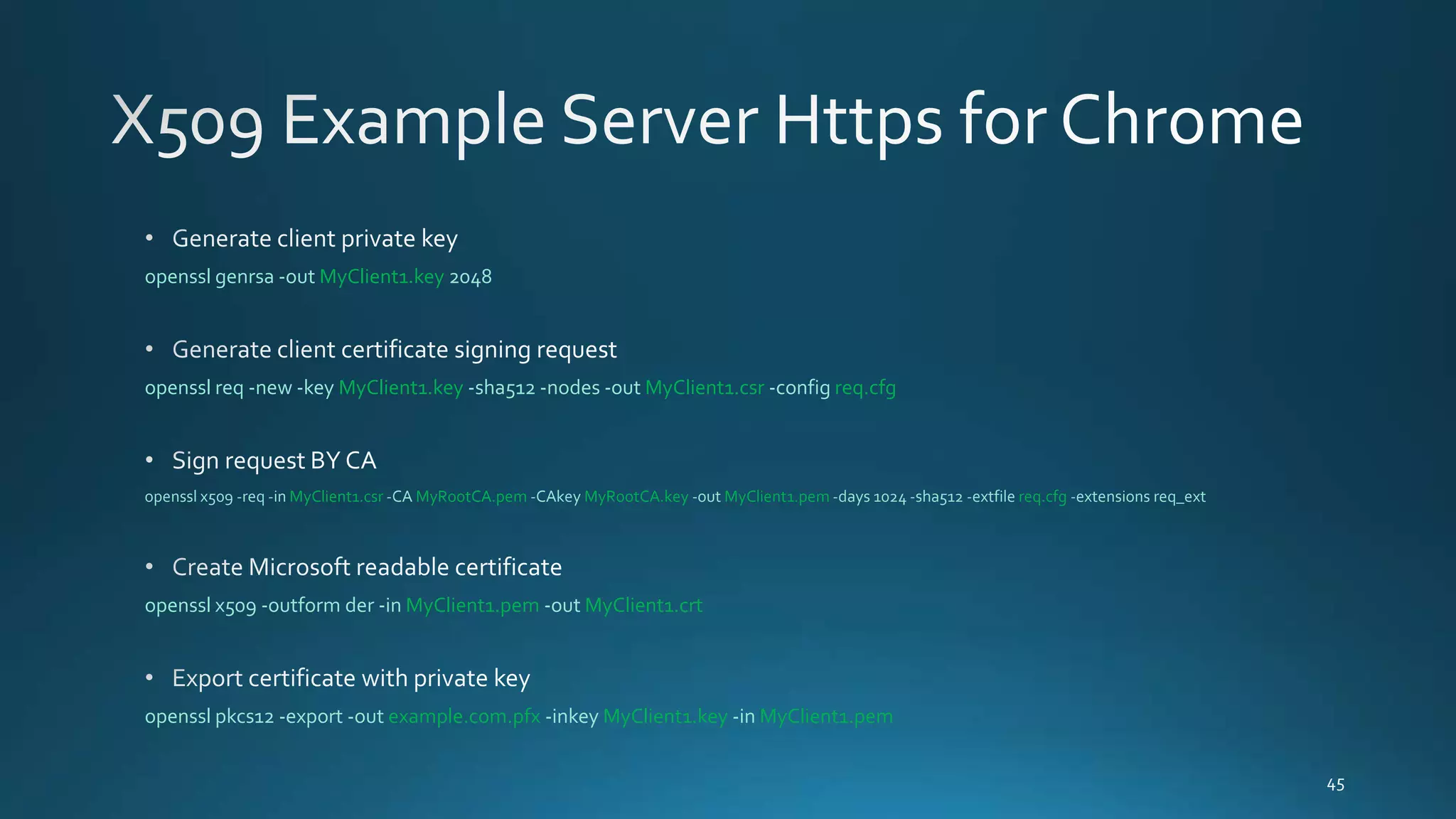 openssl genrsa -out MyClient1.key 2048
openssl req -new -key MyClient1.key -sha512 -nodes -out MyClient1.csr -config req.cfg
openssl x509 -req -in MyClient1.csr -CA MyRootCA.pem -CAkey MyRootCA.key -out MyClient1.pem -days 1024 -sha512 -extfile req.cfg -extensions req_ext
openssl x509 -outform der -in MyClient1.pem -out MyClient1.crt
openssl pkcs12 -export -out example.com.pfx -inkey MyClient1.key -in MyClient1.pem
 