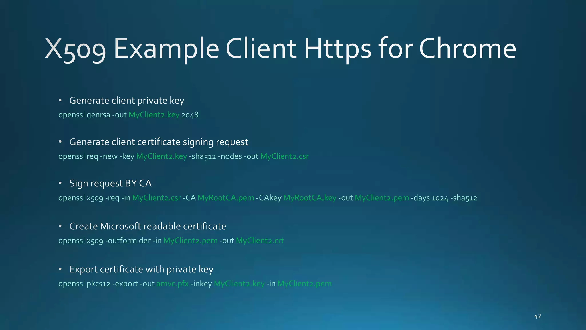 openssl genrsa -out MyClient2.key 2048
openssl req -new -key MyClient2.key -sha512 -nodes -out MyClient2.csr
openssl x509 -req -in MyClient2.csr -CA MyRootCA.pem -CAkey MyRootCA.key -out MyClient2.pem -days 1024 -sha512
openssl x509 -outform der -in MyClient2.pem -out MyClient2.crt
openssl pkcs12 -export -out amvc.pfx -inkey MyClient2.key -in MyClient2.pem
 