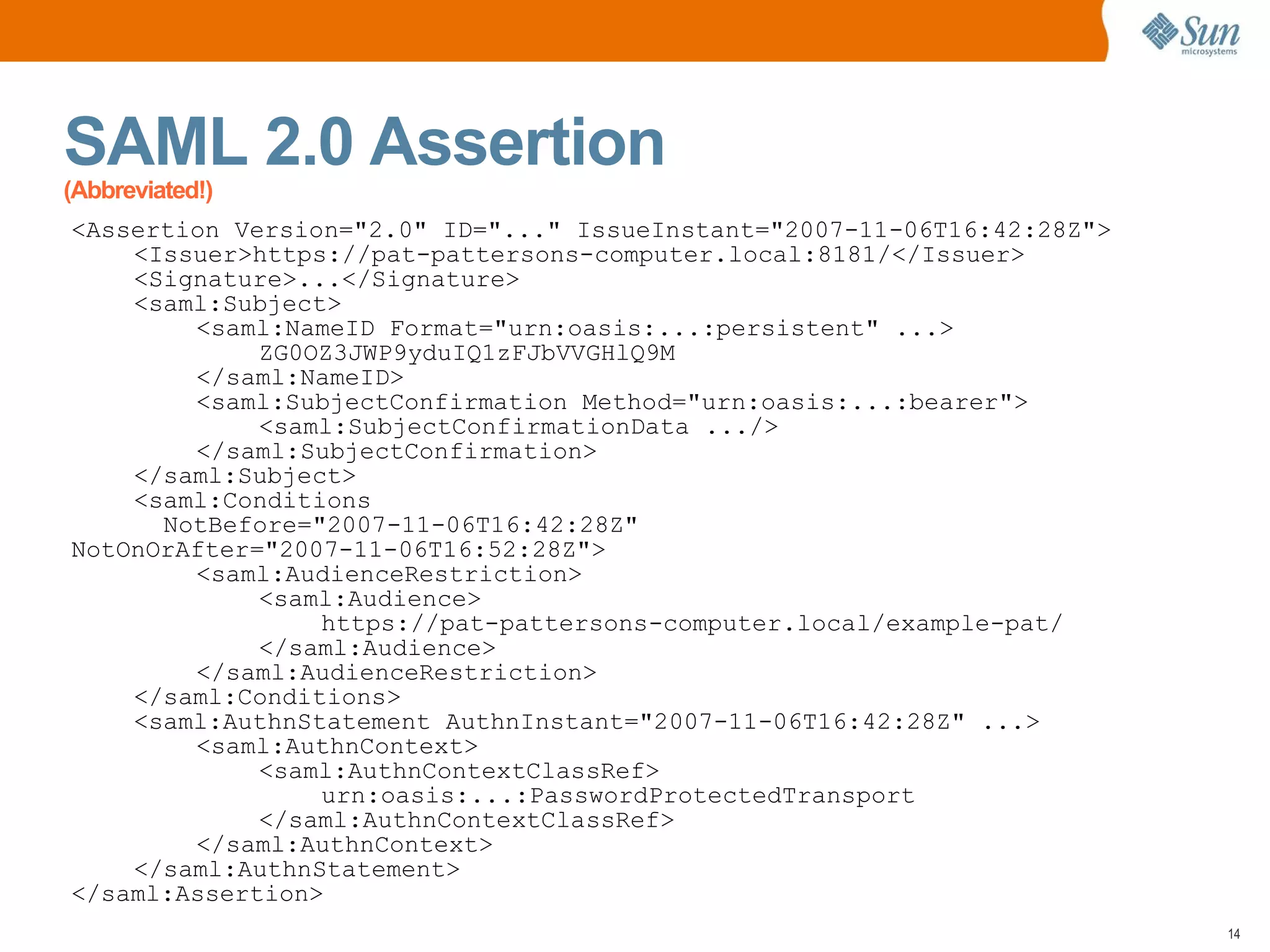 SAML 2.0 Assertion
(Abbreviated!)
<Assertion Version="2.0" ID="..." IssueInstant="2007-11-06T16:42:28Z">
    <Issuer>https://pat-pattersons-computer.local:8181/</Issuer>
    <Signature>...</Signature>
    <saml:Subject>
        <saml:NameID Format="urn:oasis:...:persistent" ...>
             ZG0OZ3JWP9yduIQ1zFJbVVGHlQ9M
        </saml:NameID>
        <saml:SubjectConfirmation Method="urn:oasis:...:bearer">
             <saml:SubjectConfirmationData .../>
        </saml:SubjectConfirmation>
    </saml:Subject>
    <saml:Conditions
      NotBefore="2007-11-06T16:42:28Z"
NotOnOrAfter="2007-11-06T16:52:28Z">
        <saml:AudienceRestriction>
             <saml:Audience>
                 https://pat-pattersons-computer.local/example-pat/
             </saml:Audience>
        </saml:AudienceRestriction>
    </saml:Conditions>
    <saml:AuthnStatement AuthnInstant="2007-11-06T16:42:28Z" ...>
        <saml:AuthnContext>
             <saml:AuthnContextClassRef>
                 urn:oasis:...:PasswordProtectedTransport
             </saml:AuthnContextClassRef>
        </saml:AuthnContext>
    </saml:AuthnStatement>
</saml:Assertion>
                                                                         14
 