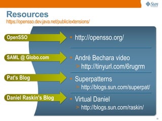 Resources
https://opensso.dev.java.net/public/extensions/

OpenSSO                            • http://opensso.org/

SAML @ Globo.com                   • André Bechara video
                                     > http://tinyurl.com/6rugrm
Pat's Blog                         • Superpatterns
                                       > http://blogs.sun.com/superpat/
Daniel Raskin's Blog               • Virtual Daniel
                                       > http://blogs.sun.com/raskin/
                                                                          23
 
