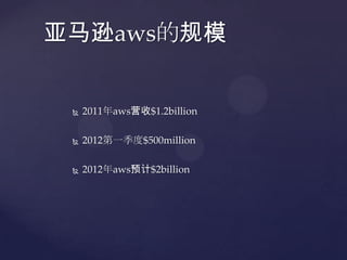亚马逊aws的规模


    2011年aws营收$1.2billion

    2012第一季度$500million

    2012年aws预计$2billion
 