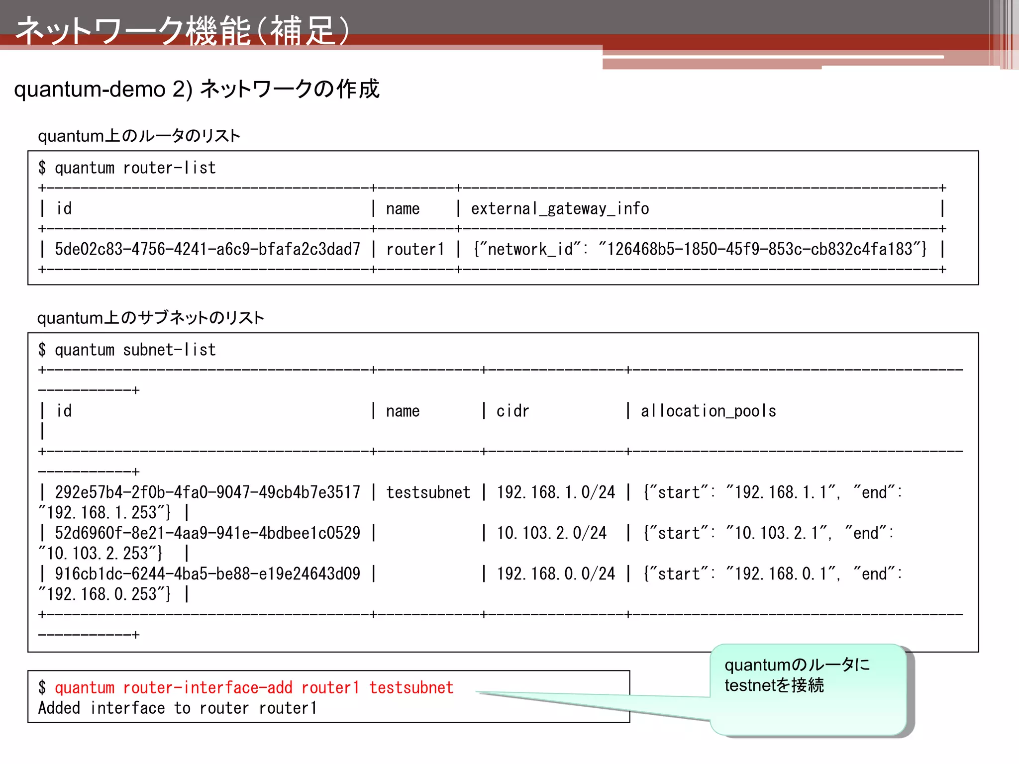 ネットワーク機能（補足）
quantum-demo 2) ネットワークの作成


                                                                               net1

                                                                          qdhcp-X

                                   ext_net
                                                                 192.168.0.1
                                  qrouter-X                       tapX

                                        192.168.0.254
                      qg-X                     qr-X               qvoX                              VM1
                                                                                      192.168.0.2
                     10.103.2.1
      eth0   br-ex                                      br-int

                                        192.168.1.254            192.168.1.1
                                               qr-X               tapX




    testnet通信用のポート作
    成＆ルーティングが設定
                                                                          qdhcp-Y
    される。
                                                                           testnet
 