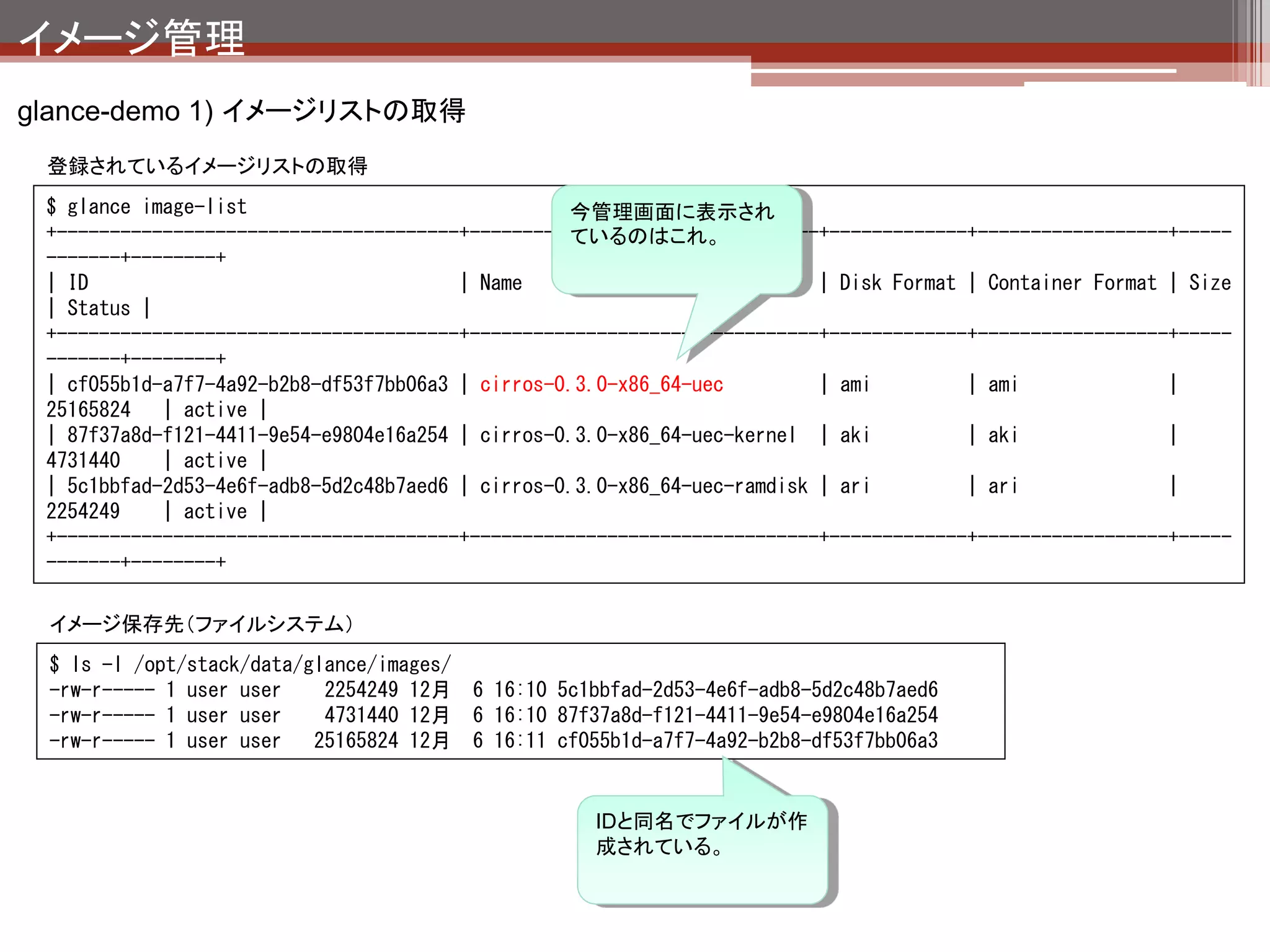 イメージ管理
glance-demo 2) イメージの追加

 イメージの追加
 $ glance image-create --name="ubuntu" --disk-format=vdi --container-format=bare --is-public=true ¥
  < ubuntu.vdi


 $ glance image-list
 +--------------------------------------+---------------------------------+-------------+------------------+-
 -----------+--------+
 | ID                                   | Name                            | Disk Format | Container Format |
 Size       | Status |
 +--------------------------------------+---------------------------------+-------------+------------------+-
 -----------+--------+
 | cf055b1d-a7f7-4a92-b2b8-df53f7bb06a3 | cirros-0.3.0-x86_64-uec         | ami         | ami              |
 25165824   | active |
 | 87f37a8d-f121-4411-9e54-e9804e16a254 | cirros-0.3.0-x86_64-uec-kernel | aki          | aki              |
 4731440    | active |
 | 5c1bbfad-2d53-4e6f-adb8-5d2c48b7aed6 | cirros-0.3.0-x86_64-uec-ramdisk | ari         | ari              |
 2254249    | active |
 | 99abc396-6962-4ae0-909a-cbccdd9c57ea | ubuntu                          | vdi         | bare             |
 2702217216 | active |
 +--------------------------------------+---------------------------------+-------------+------------------+-
 -----------+--------+


                        追加されたイメージ。管
                        理画面にも反映される。
 
