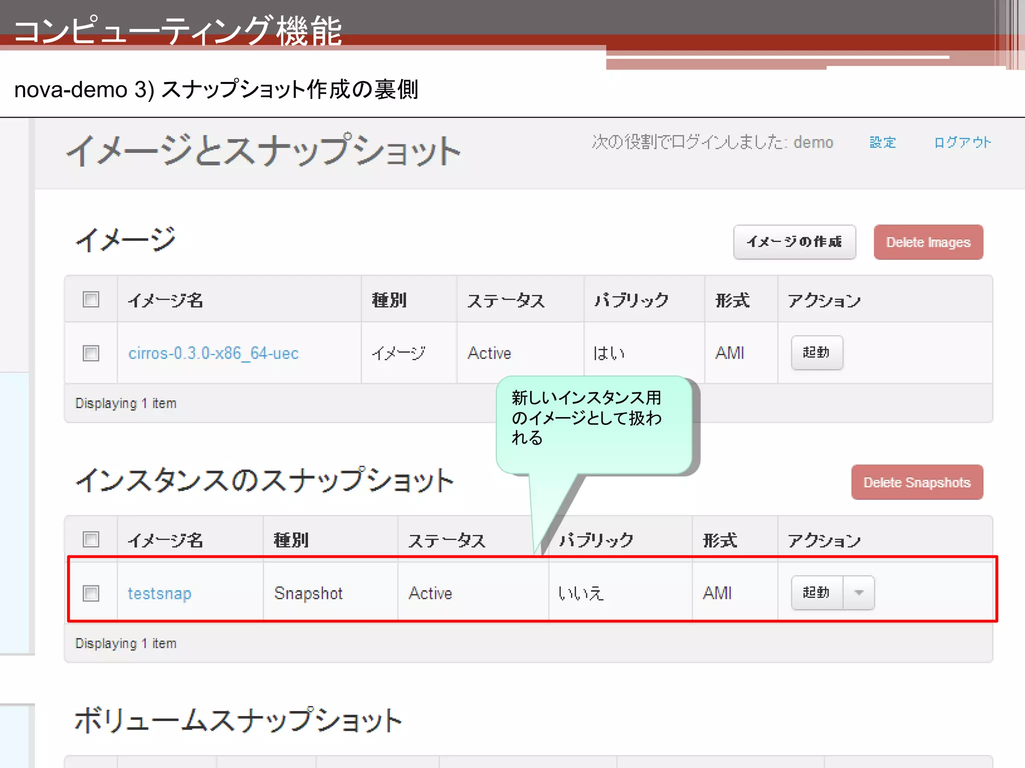コンピューティング機能
novaまとめ

 インスタンスの作成・削除、スナップショットの作成を担当している。
 nova-schedulerがコントローラの役割、nova-computeがコンピュー
  トノードの役割を実行している。

その他まめ知識

 auto scaleの機能はない。
 インスタンスが起動するホストはschedulerによって自動的に決定される。ホスト
  指定はできない。
 novaホストのグループ（ゾーン）内に複数種類のハイパバイザーを混在すること
  はできない。
 