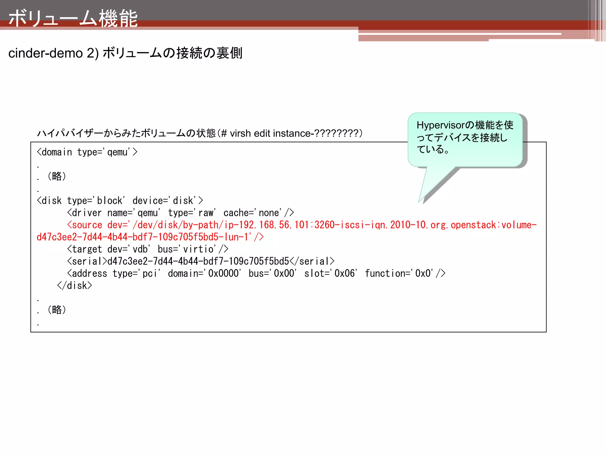 ボリューム機能
cinder-demo 3) スナップショットの作成
                                  「スナップショットの作
                                  成」をクリック




                                       スナップショット名を入力
                                       して「ボリュームスナップ
                                       ショットの作成」をクリック




                             完成
 