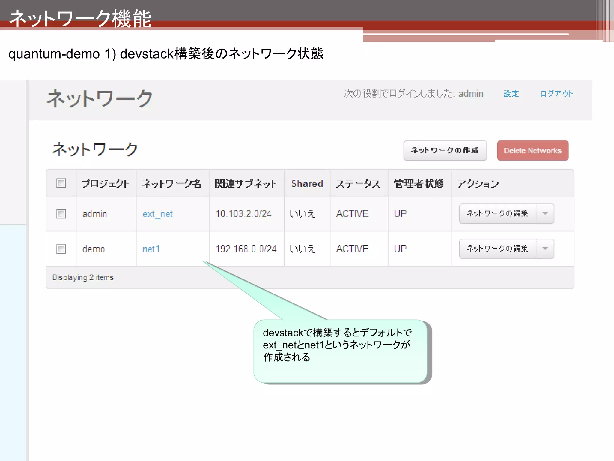 ネットワーク機能
quantum-demo 1) devstack構築後のネットワーク状態




                                   eth0
                                           ext_netはルータと
                                           しての役割を持つ


                                 ext_net




   net1はdemoテナント用
   のネットワーク。              net1
   192.168.0.0/24のセグメ
   ントが存在する


                            192.168.0.2
                        testvm
 