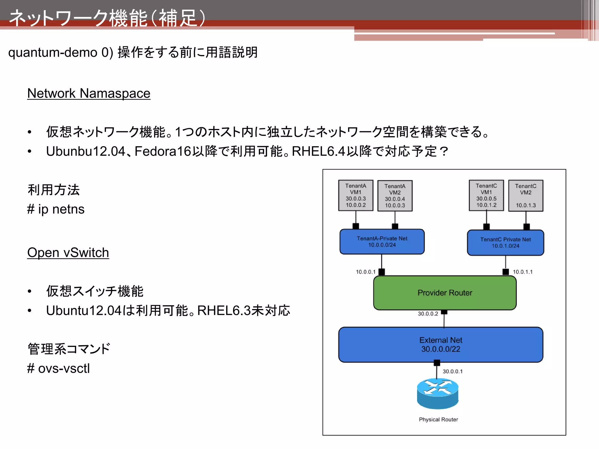 ネットワーク機能（補足）
quantum-demo 1) devstack構築後のネットワーク状態




                             devstackで構築するとデフォルトで
                             ext_netとnet1というネットワークが
                             作成される
 