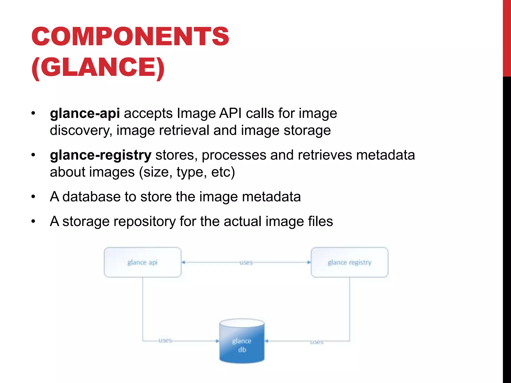 COMPONENTS
(GLANCE)
• glance-api accepts Image API calls for image
discovery, image retrieval and image storage
• glance-registry stores, processes and retrieves metadata
about images (size, type, etc)
• A database to store the image metadata
• A storage repository for the actual image files
 