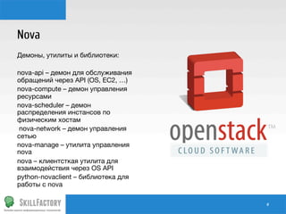 Nova
Демоны, утилиты и библиотеки:

nova-api – демон для обслуживания
обращений через API (OS, EC2, …)
nova-compute – демон управления
ресурсами
nova-scheduler – демон
распределения инстансов по
физическим хостам
nova-network – демон управления
сетью
nova-manage – утилита управления
nova
nova – клиентсткая утилита для
взаимодействия через OS API
python-novaclient – библиотека для
работы с nova
#	
  

 