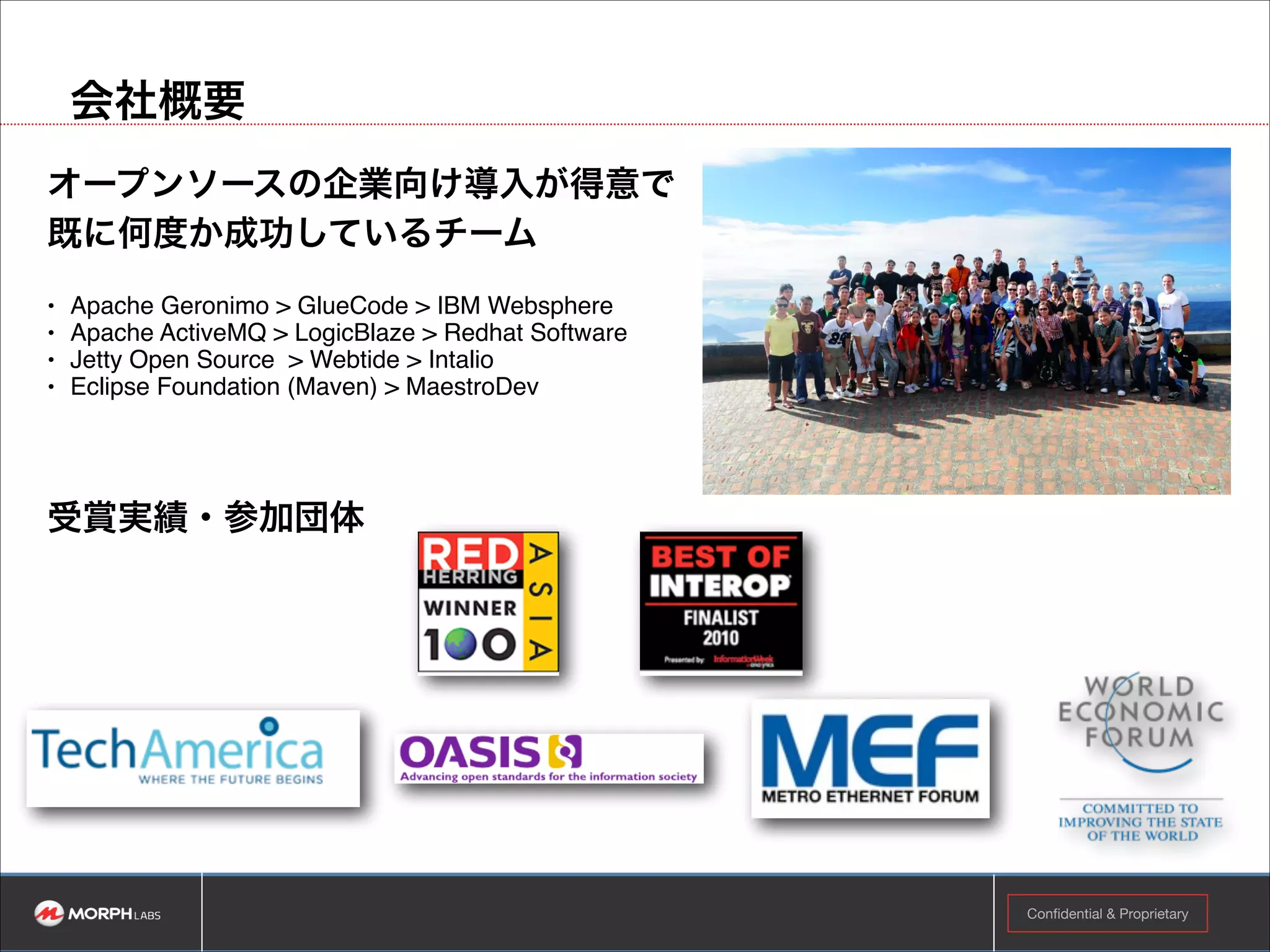 会社概要
オープンソースの企業向け導入が得意で!
既に何度か成功しているチーム!
•
•
•
•

!
!
!

!

Apache Geronimo > GlueCode > IBM Websphere
Apache ActiveMQ > LogicBlaze > Redhat Software
Jetty Open Source > Webtide > Intalio!
Eclipse Foundation (Maven) > MaestroDev!

受賞実績・参加団体

Confidential & Proprietary

 