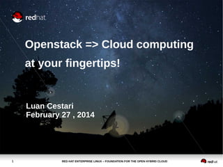 Openstack => Cloud computing
at your fingertips!

Luan Cestari
February 27 , 2014

1

http://slidesha.re/1gF0PEK

 