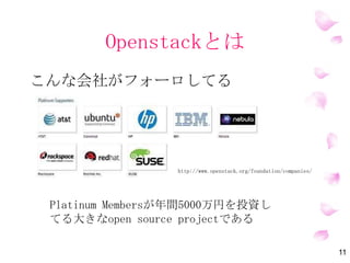 OpenStackとは
11
OpenStackはこんな会社がフォーロしてる！
http://www.openstack.org/foundation/companies/
Platinum Membersが年間5000万円を投資し
てる大きなOpen Source Projectである
 