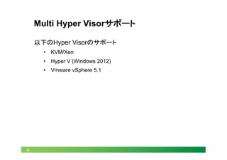 36
Multi Hyper Visorサポート	
以下のHyper Visorのサポート
•  KVM/Xen
•  Hyper V (Windows 2012)
•  Vmware vSphere 5.1
 
