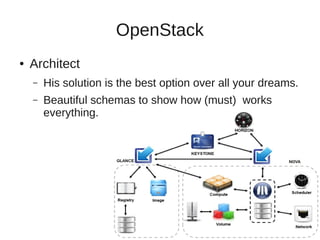 OpenStack 
● Architect 
– His solution is the best option over all your dreams. 
– Beautiful schemas to show how (must) works 
everything. 
 