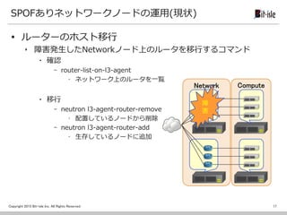 Copyright 2015 Bit-isle Inc. All Rights Reserved
SPOFありネットワークノードの運用(現状)
 ルーターのホスト移行
‣ 障害発生したNetworkノード上のルータを移行するコマンド
▪ 確認
- router-list-on-l3-agent
· ネットワーク上のルータを一覧
▪ 移行
- neutron l3-agent-router-remove
· 配置しているノードから削除
- neutron l3-agent-router-add
· 生存しているノードに追加
17
ComputeNetwork
障
害
 