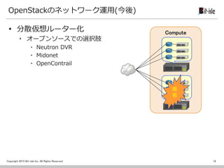 Copyright 2015 Bit-isle Inc. All Rights Reserved
Compute
OpenStackのネットワーク運用(今後)
 分散仮想ルーター化
‣ オープンソースでの選択肢
▪ Neutron DVR
▪ Midonet
▪ OpenContrail
18
障
害
 