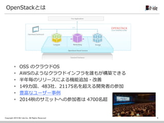 Copyright 2015 Bit-isle Inc. All Rights Reserved
OpenStackとは
‣ OSS のクラウドOS
‣ AWSのようなクラウドインフラを誰もが構築できる
‣ 半年毎のリリースによる機能追加・改善
‣ 149カ国、483社、21175名を超える開発者の参加
‣ 豊富なユーザー事例
‣ 2014秋のサミットへの参加者は 4700名超
4
 