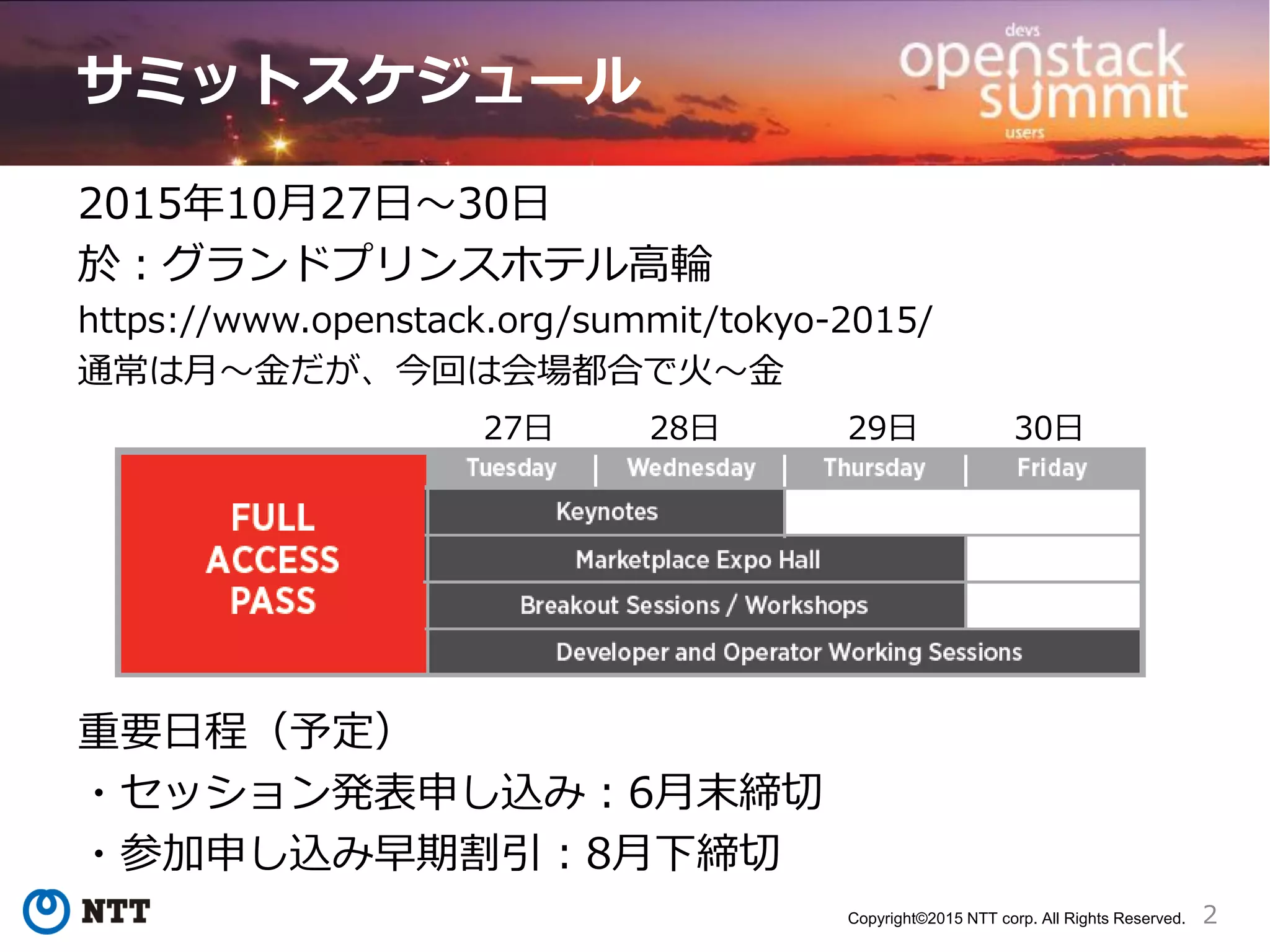 2Copyright©2015 NTT corp. All Rights Reserved.
サミットスケジュール
2015年10月27日～30日
於：グランドプリンスホテル高輪
https://www.openstack.org/summit/tokyo-2015/
通常は月～金だが、今回は会場都合で火～金
重要日程（予定）
・セッション発表申し込み：6月末締切
・参加申し込み早期割引：8月下締切
27日 28日 29日 30日
 