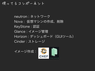 使ってるコンポーネント
neutron : ネットワーク
Nova : 仮想マシンの作成、削除
KeyStone : 認証
Glance : イメージ管理
Horizon : ダッシュボード（GUIツール）
Cinder : ストレージ
イメージ作成：
 