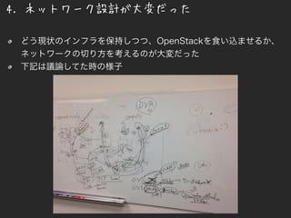 4. ネットワーク設計が大変だった
どう現状のインフラを保持しつつ、OpenStackを食い込ませるか、
ネットワークの切り方を考えるのが大変だった
下記は議論してた時の様子
 