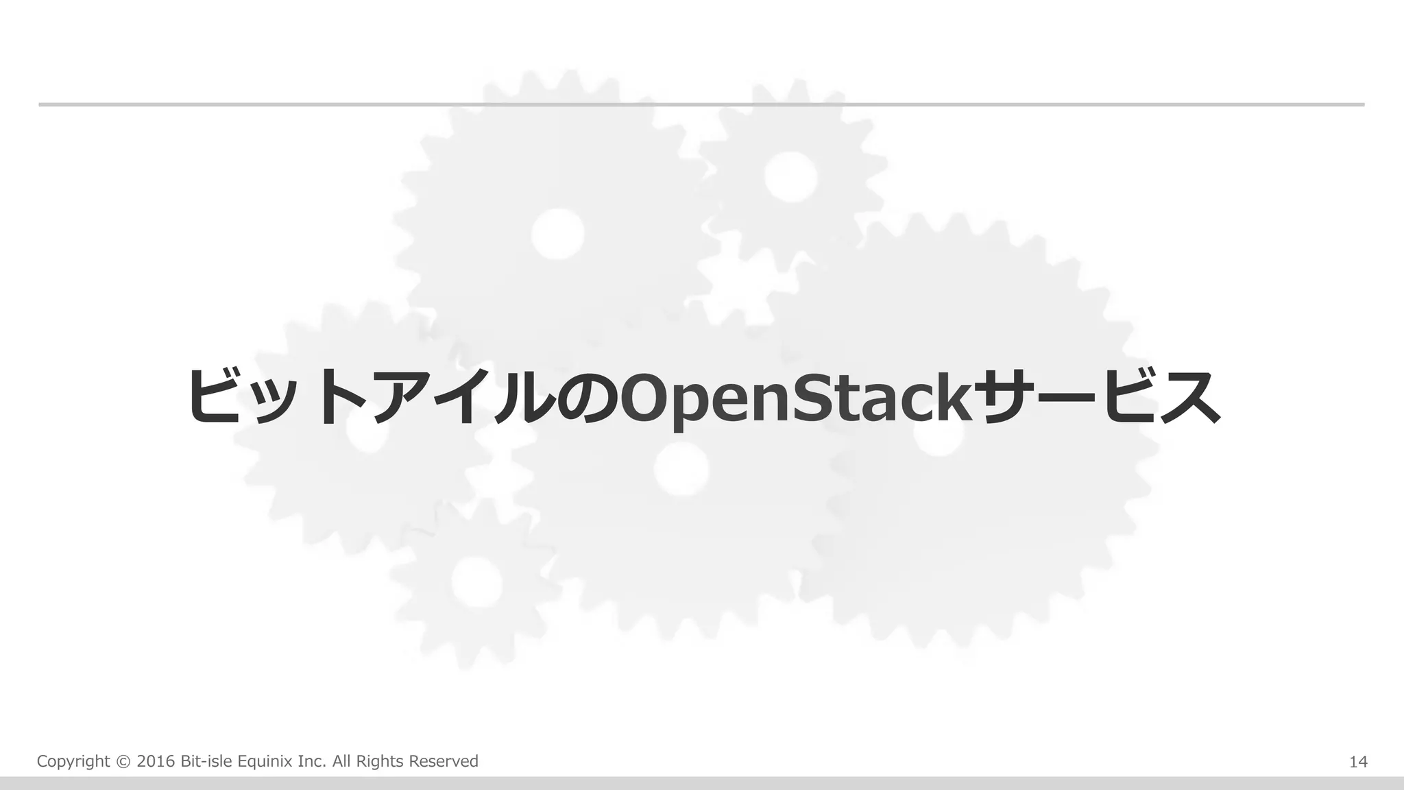 Copyright © 2016 Bit-isle Equinix Inc. All Rights Reserved
ビットアイルのOpenStackサービス
14
 