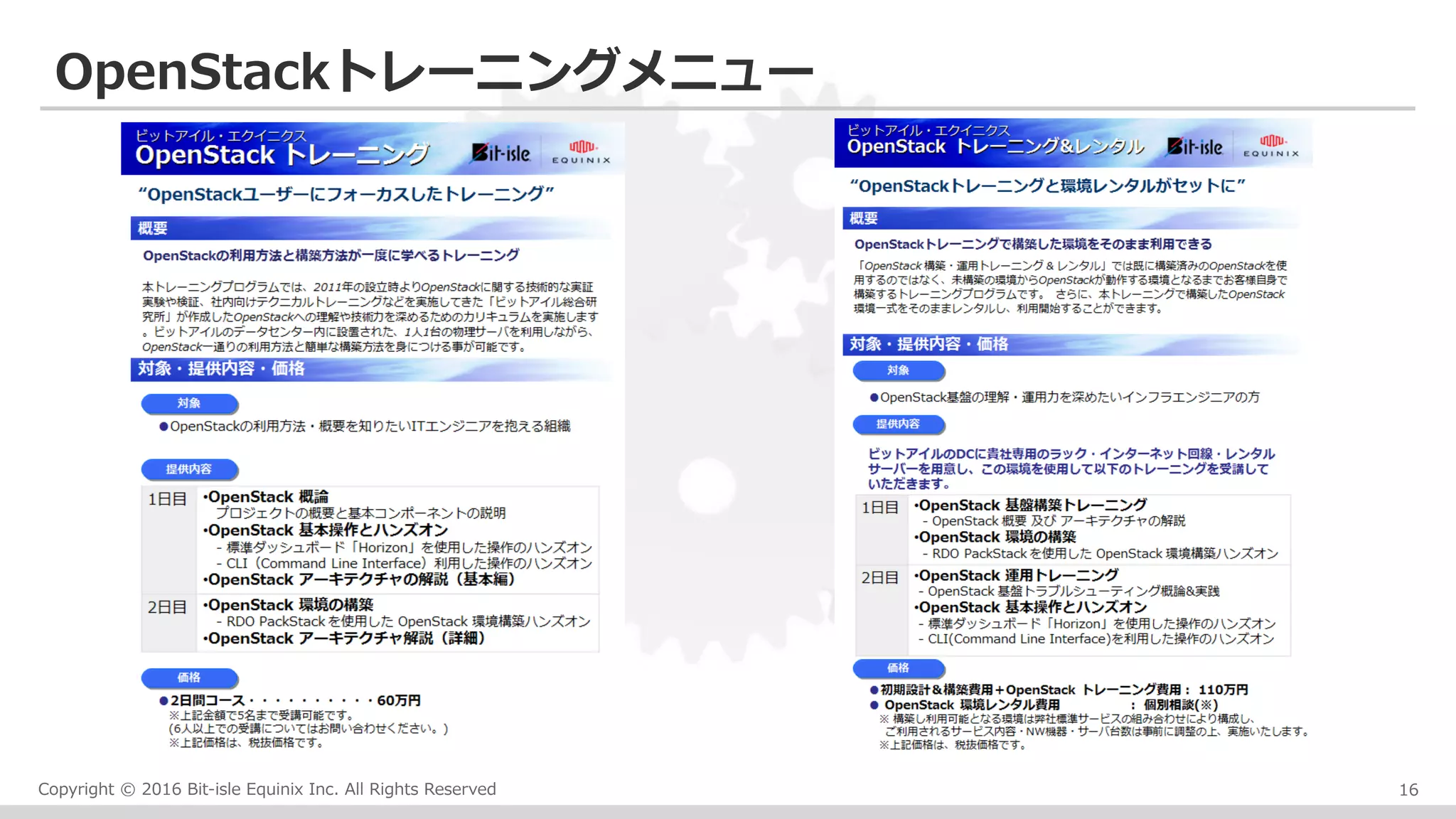 Copyright © 2016 Bit-isle Equinix Inc. All Rights Reserved
OpenStackトレーニングメニュー
16
 